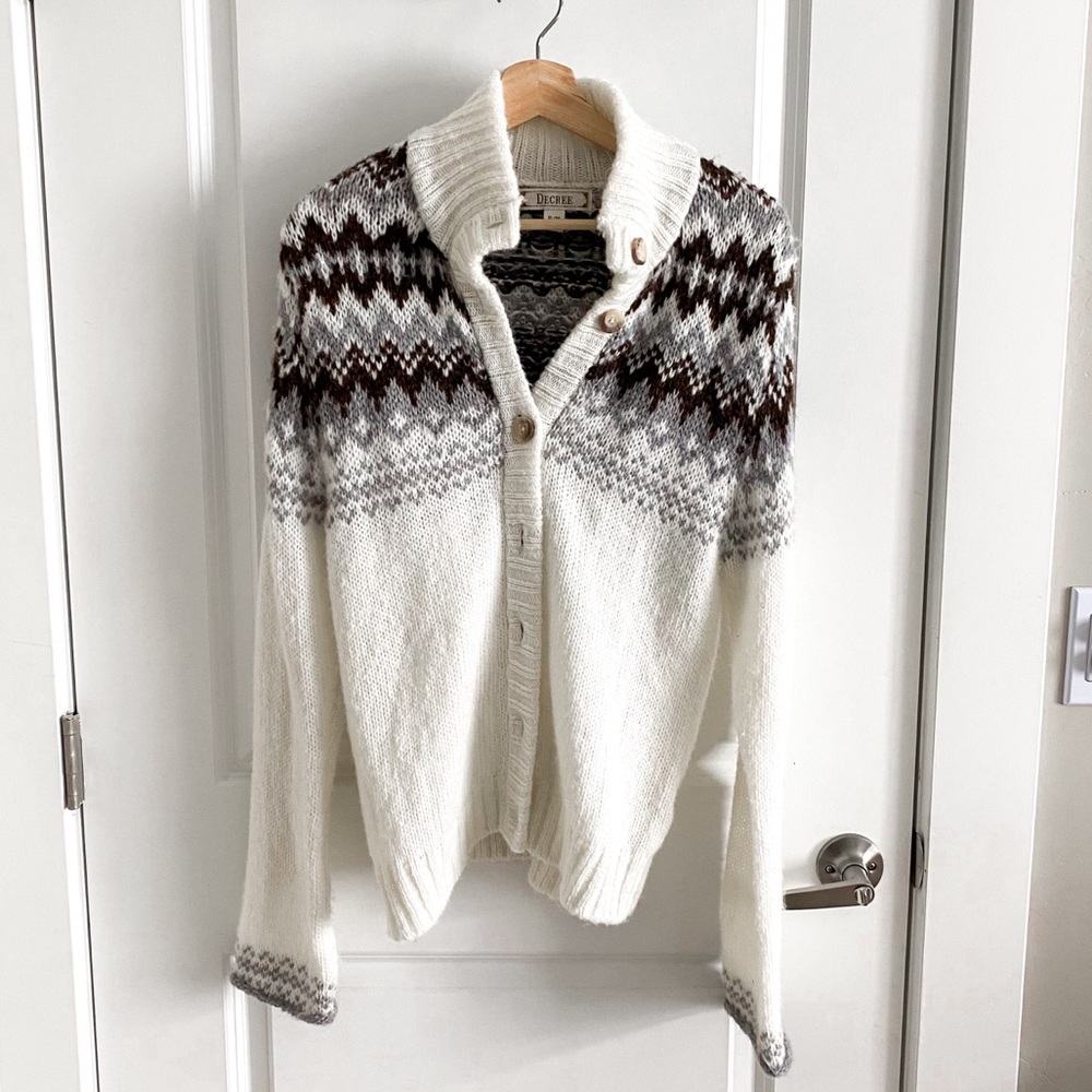 White and Brown Knitted Fair Isle Cardigan